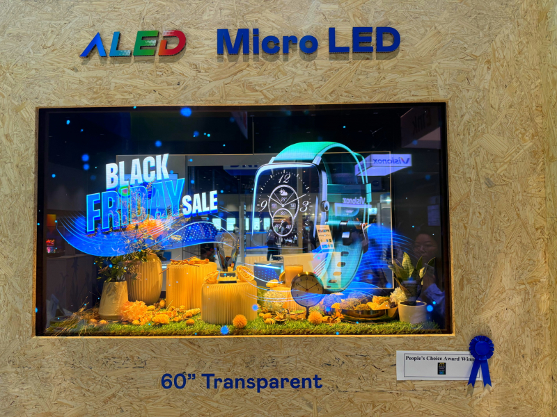 DB视讯60吋高透明度Micro LED显示器获”最佳Micro LED技术应用奖”，将Micro LED面板透明化之设计特性极致发挥，以可扩展性无缝拼接技术打造，具备600 nits全画面亮度、大于60%穿透率及超过NTSC 110%的优异广色域表现，可依需求灵活应用于各种场域